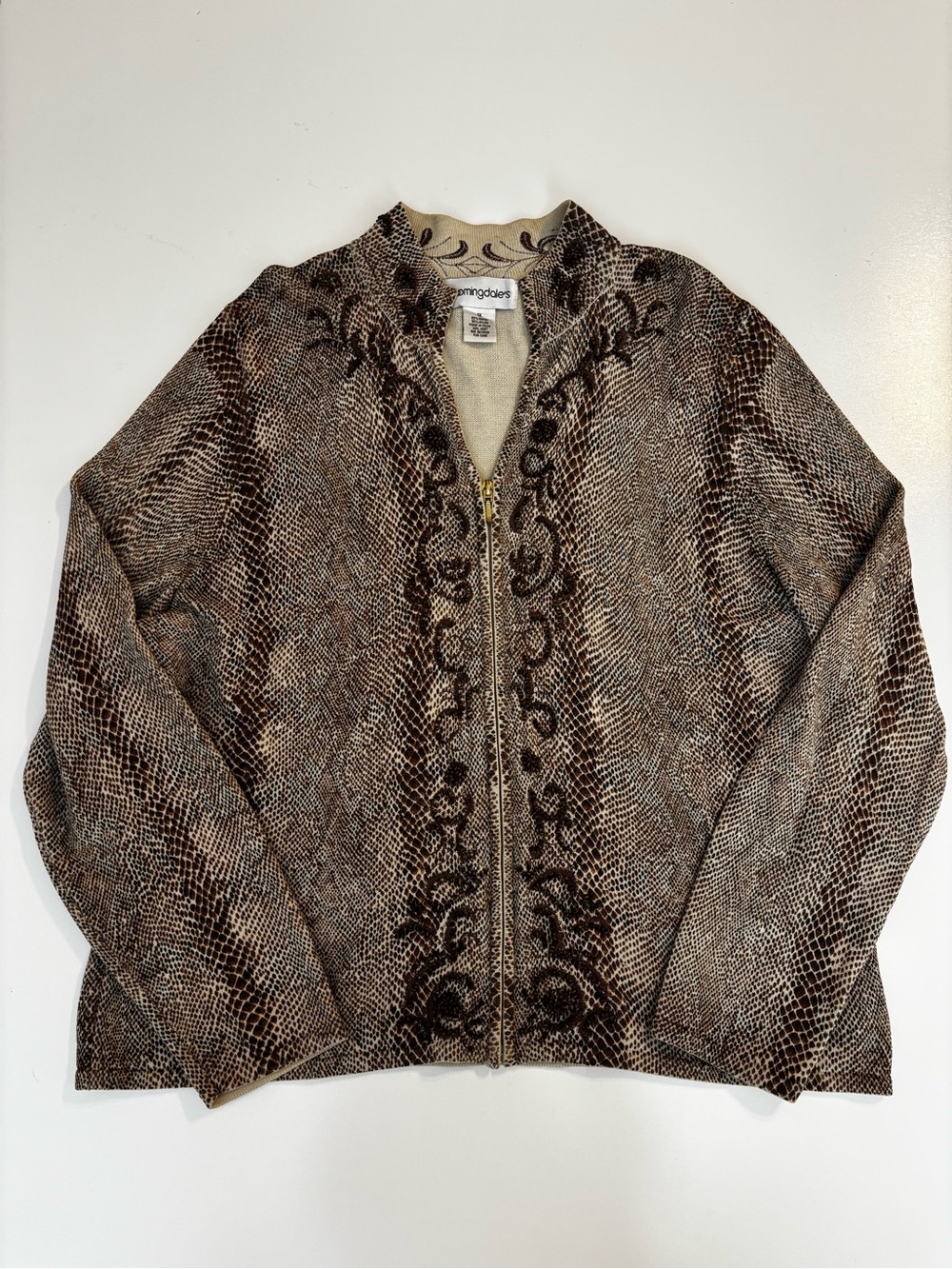 Bloomingdale's Brown & Cream Snake-Print Zip Jacket with Embroidered Trim